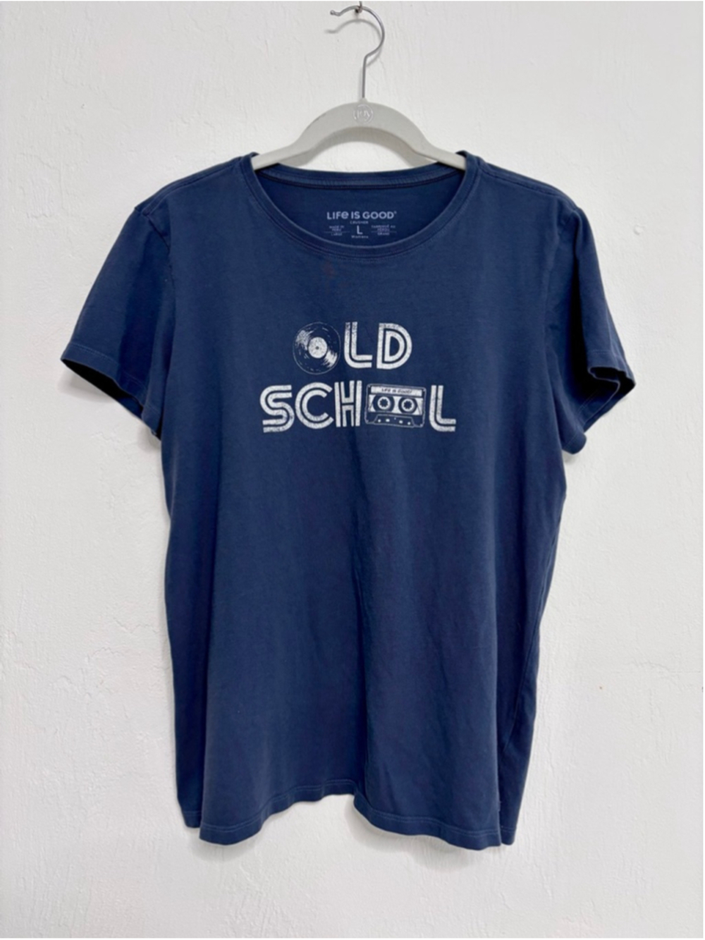 Women's Life is Good Blue Old School Graphic Short Sleeve Tee L Cotton